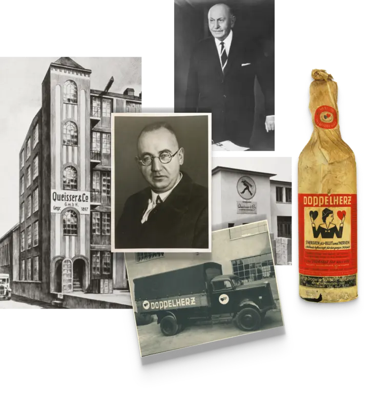 Das Bild zeigt eine Collage von historischen Fotos und Dokumenten. Im Mittelpunkt steht eine Flasche DOPPELHERZ, umgeben von Aufnahmen des Unternehmensgebäudes und Portraits von wichtigen Persönlichkeiten, die mit der Marke verbunden sind.