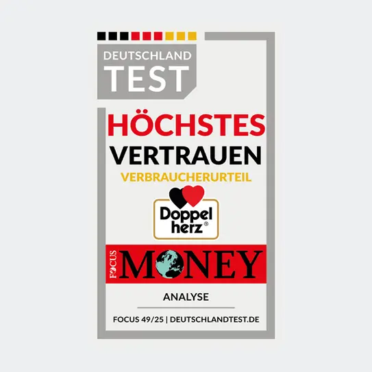 Das Bild zeigt ein Zertifikat vom Deutschland Test mit dem Hinweis "Höchstes Vertrauen" und dem Verbraucherurteil für die Marke "Doppelherz". Unten steht "FOCUS MONEY" und "ANALYSE". Es hebt die Vertrauenswürdigkeit des Produkts hervor.