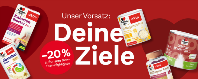 Ein Werbe-Banner mit der Überschrift „Unser Vorsatz: Deine Ziele“. Es zeigt verschiedene Produkte wie Kalorienblocker, Kollagenpulver und Kreatin mit einem Rabatt von 20 % auf New-Year-Highlights. Der Hintergrund ist rot mit weißen Texten, die die Angebote hervorheben.